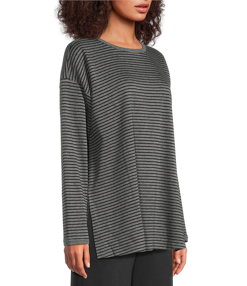 Eileen Fisher Cozy Striped Brushed Terry Organic Cotton Blend Knit Round Neck Long Sleeve Box Top