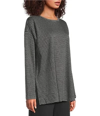 Eileen Fisher Cozy Striped Brushed Terry Organic Cotton Blend Knit Round Neck Long Sleeve Box Top