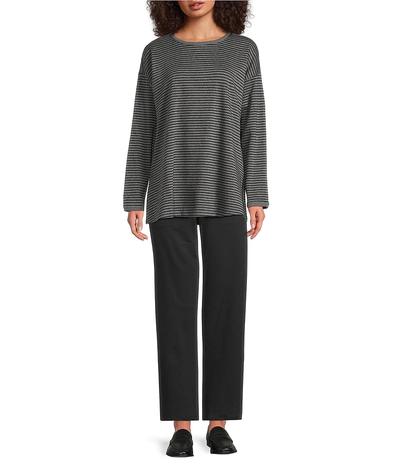 Eileen Fisher Cozy Striped Brushed Terry Organic Cotton Blend Knit Round Neck Long Sleeve Box Top