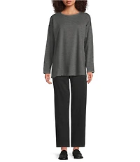 Eileen Fisher Cozy Striped Brushed Terry Organic Cotton Blend Knit Round Neck Long Sleeve Box Top