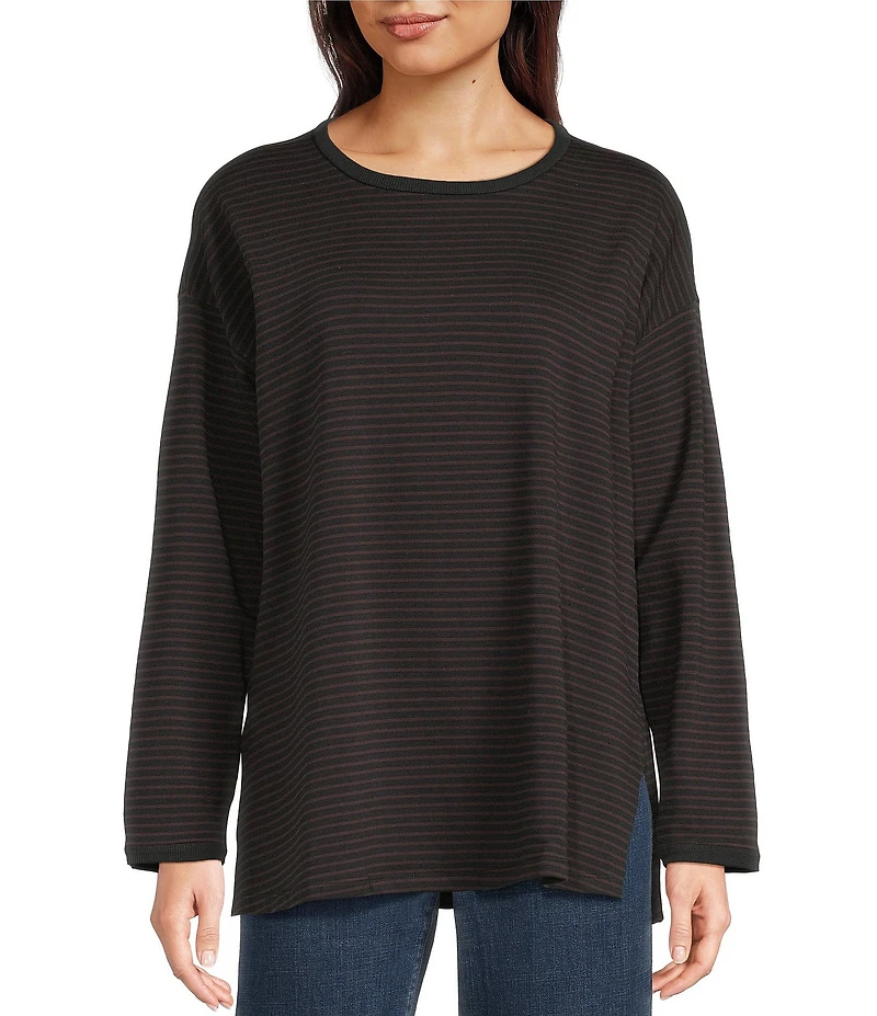 Eileen Fisher Cozy Striped Brushed Terry Organic Cotton Blend Knit Round Neck Long Sleeve Box Top