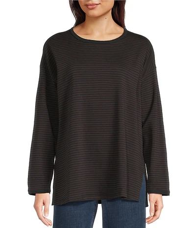 Eileen Fisher Cozy Striped Brushed Terry Organic Cotton Blend Knit Round Neck Long Sleeve Box Top