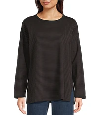 Eileen Fisher Cozy Striped Brushed Terry Organic Cotton Blend Knit Round Neck Long Sleeve Box Top