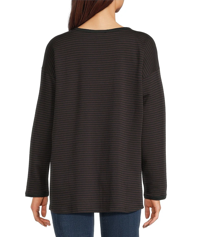 Eileen Fisher Cozy Striped Brushed Terry Organic Cotton Blend Knit Round Neck Long Sleeve Box Top