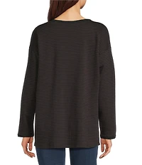 Eileen Fisher Cozy Striped Brushed Terry Organic Cotton Blend Knit Round Neck Long Sleeve Box Top