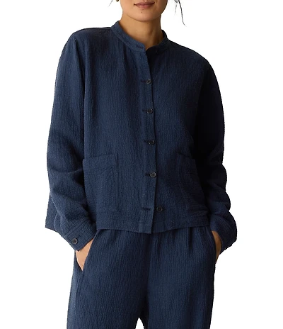 Eileen Fisher Crinkle Doubleweave Mandarin Collar Long Sleeve Jacket