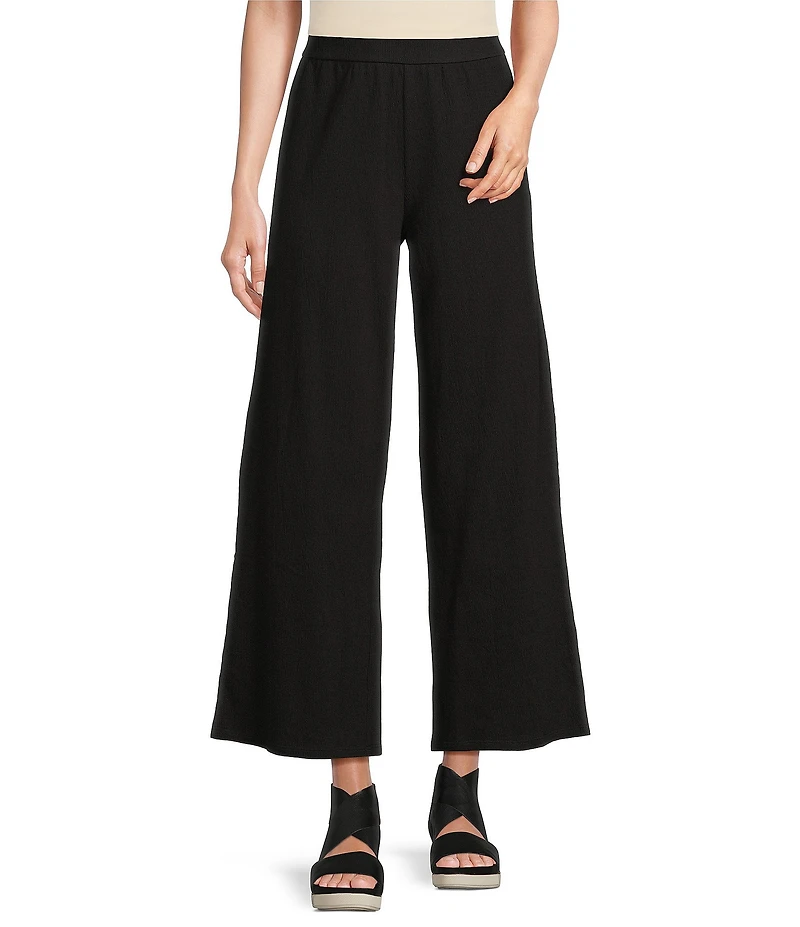 Eileen Fisher Organic Cotton Blend Crinkle Knit Jersey Wide Leg Pull-On Pants