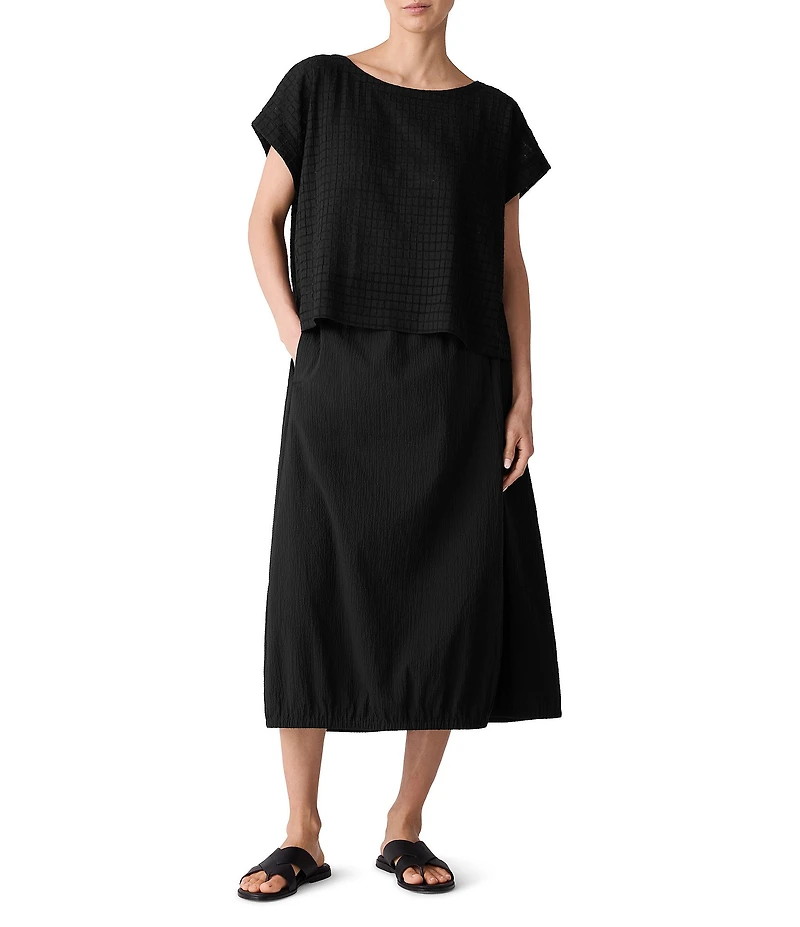 Eileen Fisher Crinkle Organic Cotton Blend Elastic Waist Lantern Midi Skirt