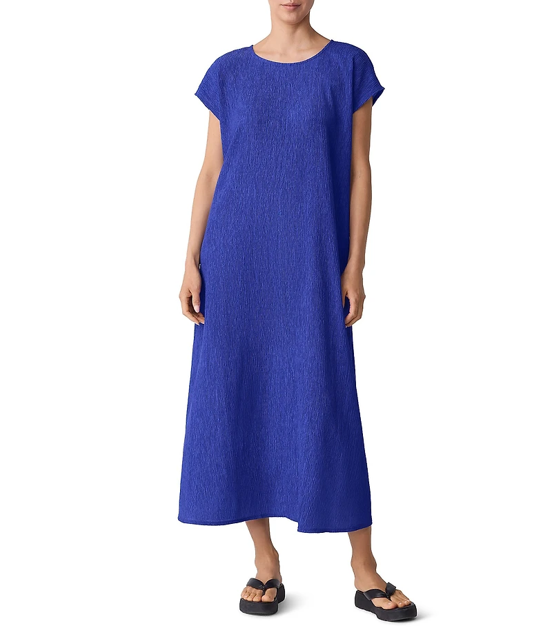 Eileen Fisher Crinkle Plisse Round Neck Cap Sleeve Midi Dress