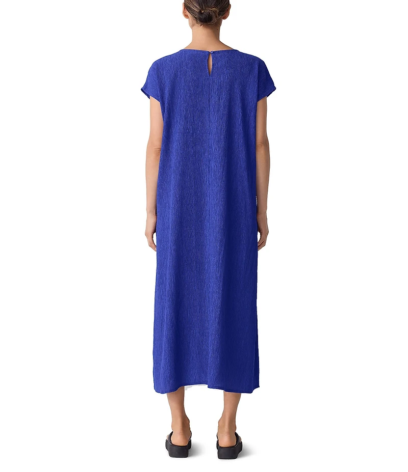 Eileen Fisher Crinkle Plisse Round Neck Cap Sleeve Midi Dress
