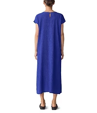 Eileen Fisher Crinkle Plisse Round Neck Cap Sleeve Midi Dress