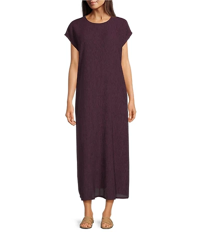 Eileen Fisher Crinkle Plisse Round Neck Cap Sleeve Midi Dress