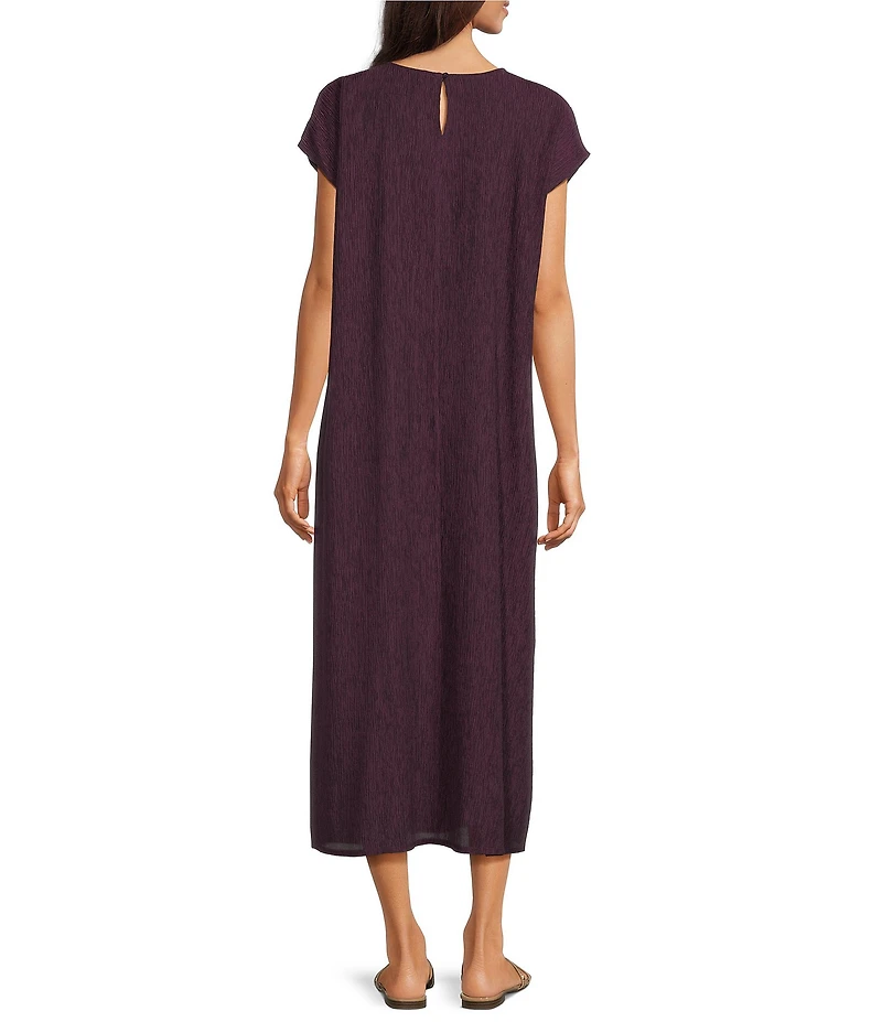 Eileen Fisher Crinkle Plisse Round Neck Cap Sleeve Midi Dress
