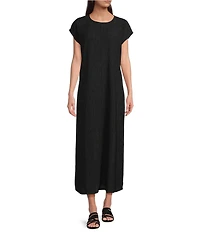Eileen Fisher Crinkle Plisse Round Neck Cap Sleeve Midi Dress
