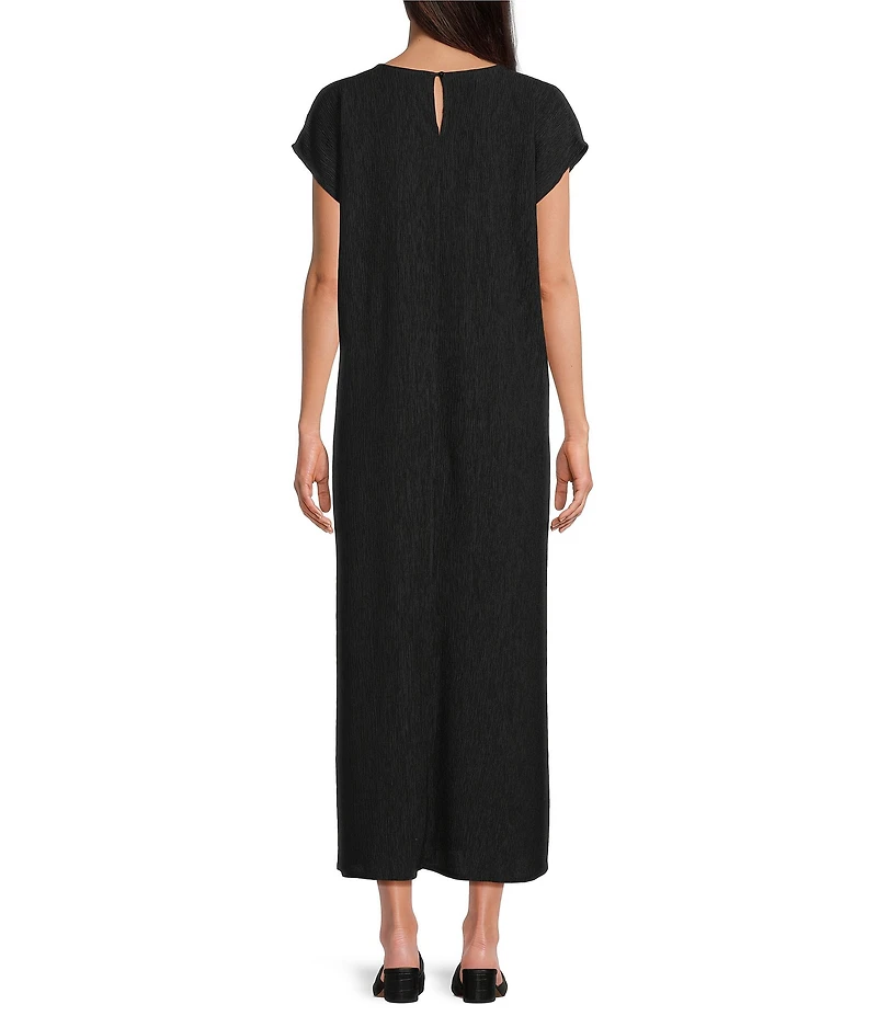 Eileen Fisher Crinkle Plisse Round Neck Cap Sleeve Midi Dress