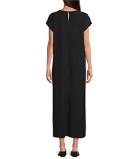 Eileen Fisher Crinkle Plisse Round Neck Cap Sleeve Midi Dress