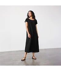Eileen Fisher Crinkle Plisse Round Neck Cap Sleeve Midi Dress