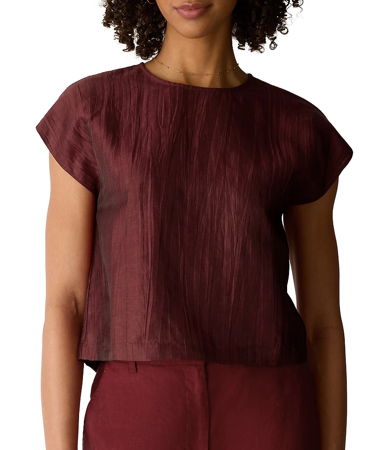 Eileen Fisher Crinkle Weave Round Neck Short Sleeve Top