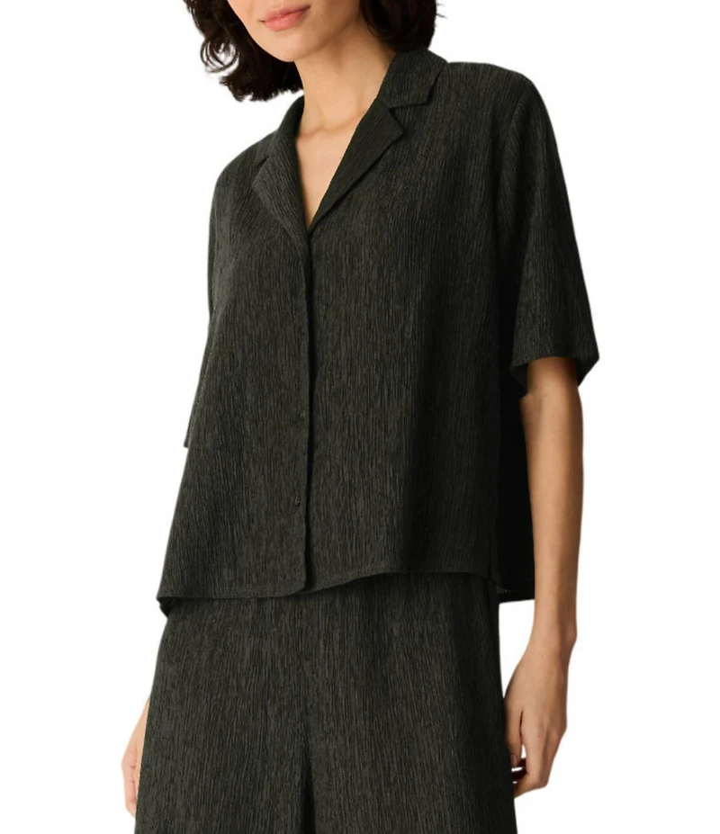 Eileen Fisher Crinkle Woven Plisse Notch Collar Elbow Sleeve Button-Front Shirt