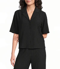Eileen Fisher Crinkle Woven Plisse Notch Collar Elbow Sleeve Button-Front Shirt