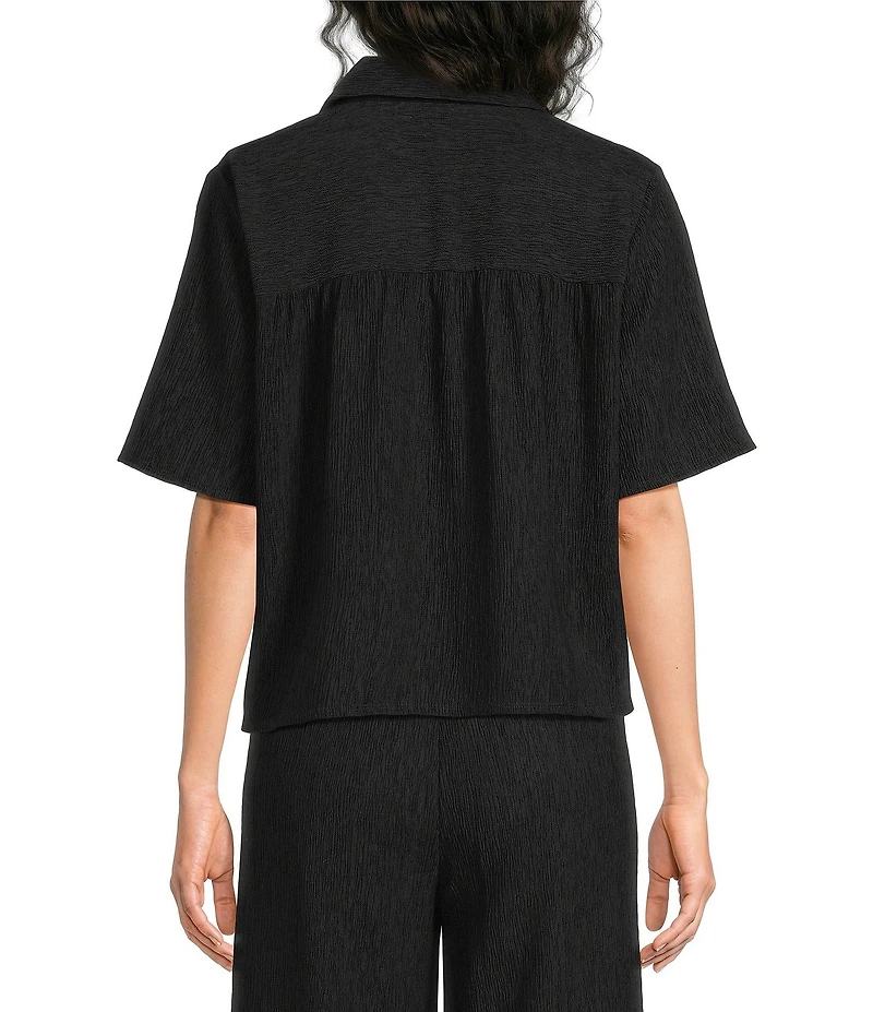 Eileen Fisher Crinkle Woven Plisse Notch Collar Elbow Sleeve Button-Front Shirt