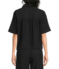 Eileen Fisher Crinkle Woven Plisse Notch Collar Elbow Sleeve Button-Front Shirt