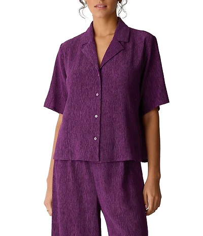 Eileen Fisher Crinkle Woven Plisse Notch Collar Elbow Sleeve Button-Front Shirt