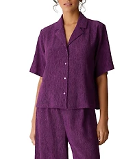 Eileen Fisher Crinkle Woven Plisse Notch Collar Elbow Sleeve Button-Front Shirt