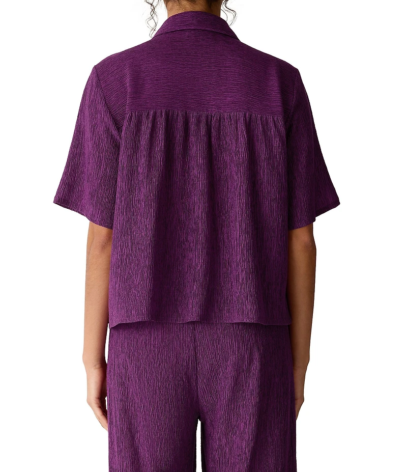 Eileen Fisher Crinkle Woven Plisse Notch Collar Elbow Sleeve Button-Front Shirt