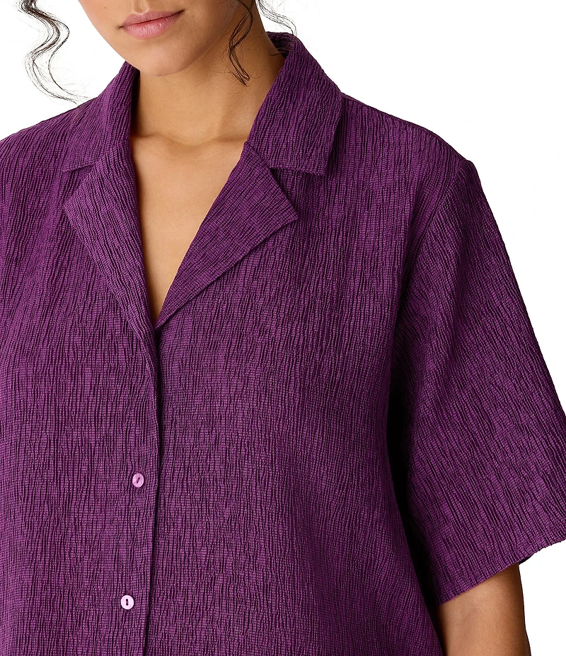 Eileen Fisher Crinkle Woven Plisse Notch Collar Elbow Sleeve Button-Front Shirt