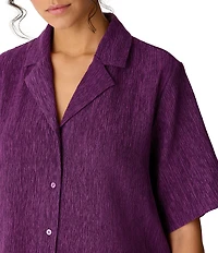 Eileen Fisher Crinkle Woven Plisse Notch Collar Elbow Sleeve Button-Front Shirt