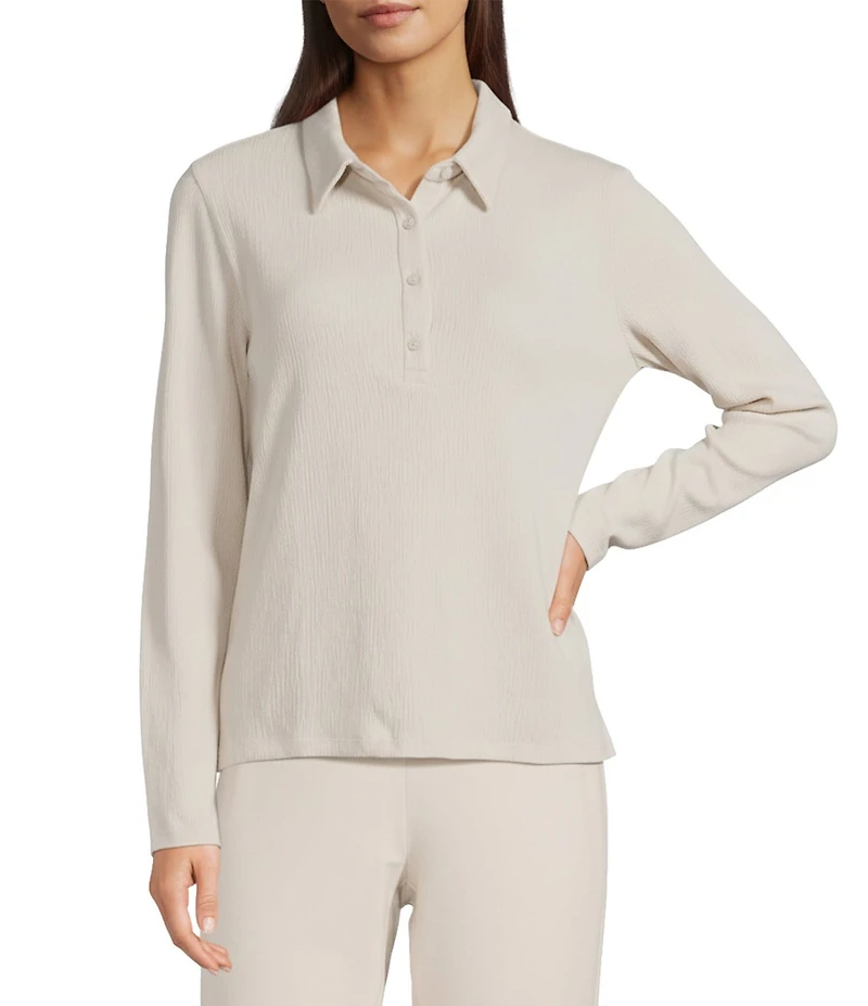 Eileen Fisher Crinkled Jersey Point Collar Long Sleeve Henley Top