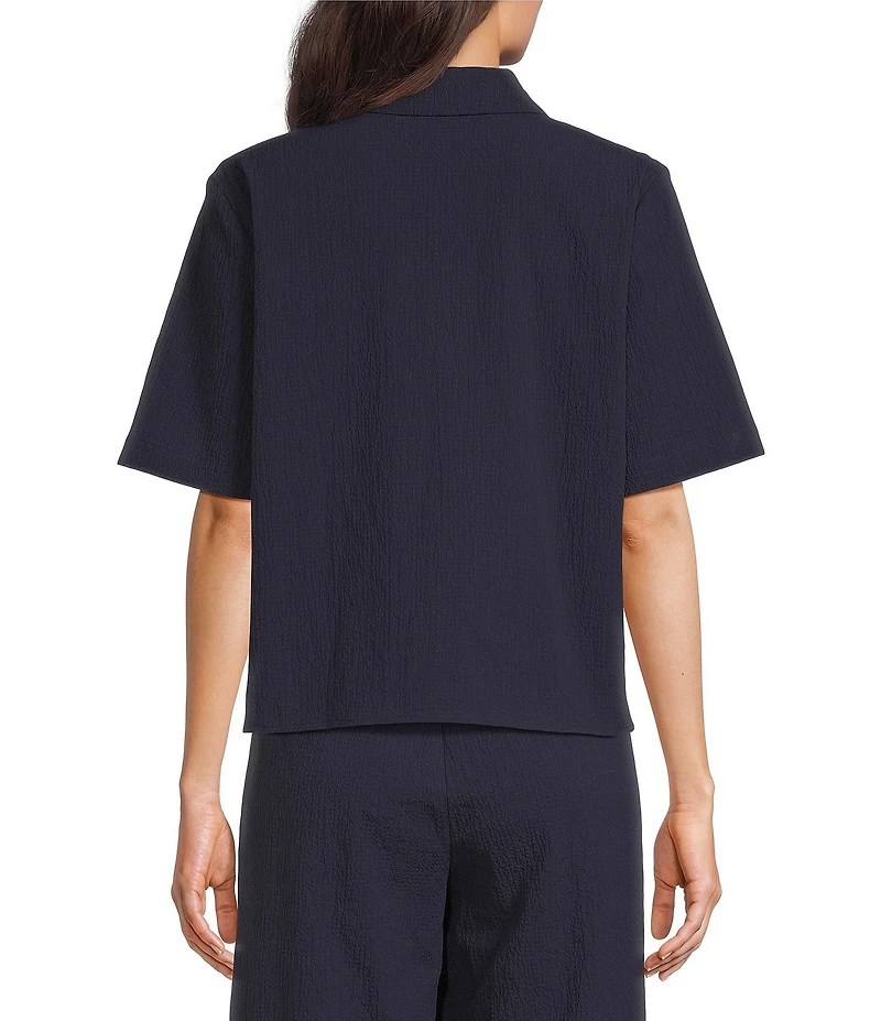 Eileen Fisher Crinkled Organic Cotton Notch Collar Short Sleeve Top