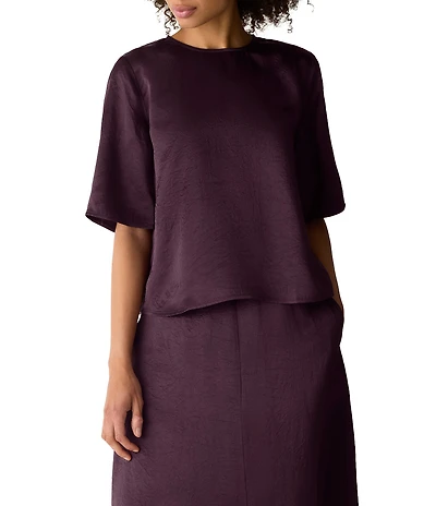 Eileen Fisher Crinkled Textured Satin Crew Neck Elbow Sleeve Coordinating Top