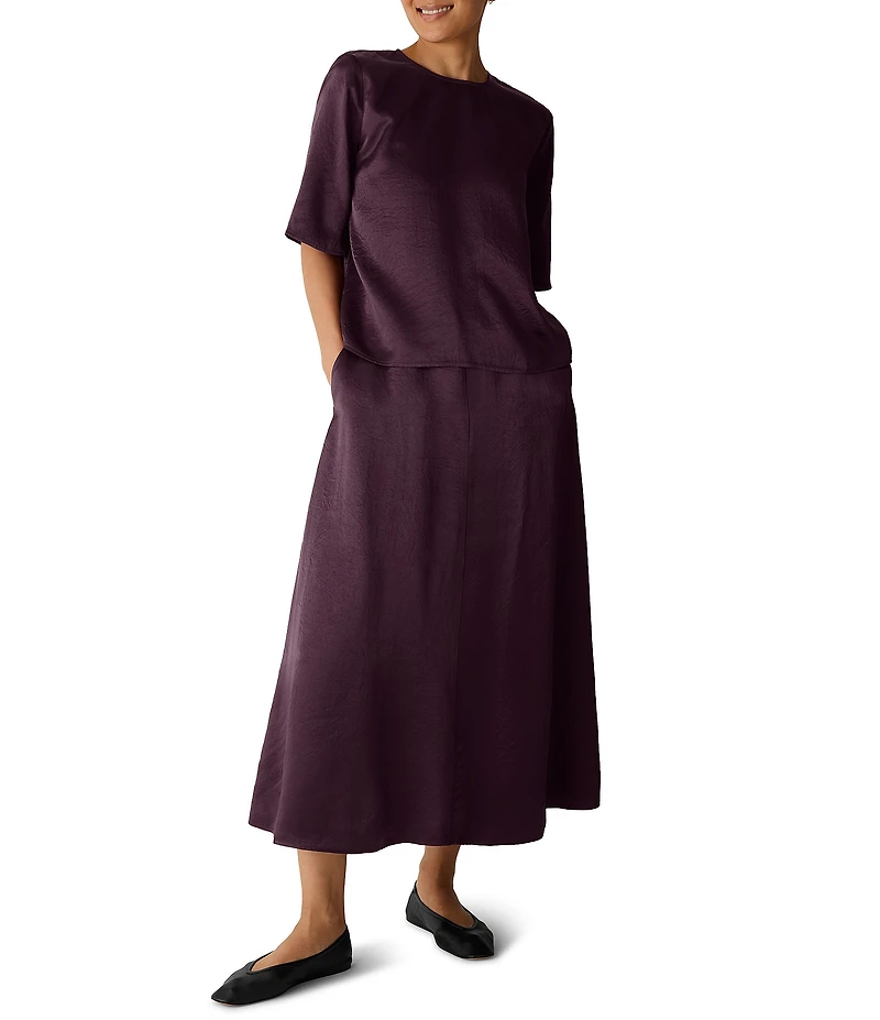 Eileen Fisher Crinkled Textured Satin Crew Neck Elbow Sleeve Coordinating Top