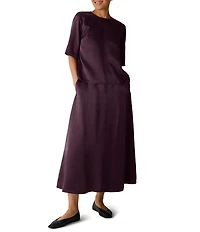 Eileen Fisher Crinkled Textured Satin Crew Neck Elbow Sleeve Coordinating Top