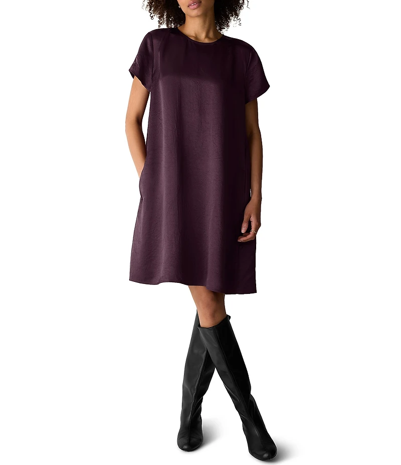 Eileen Fisher Crinkled Textured Satin Round Neck Short Sleeve Shift Dress