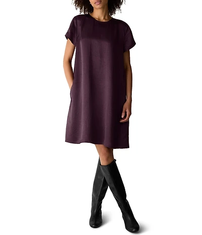 Eileen Fisher Crinkled Textured Satin Round Neck Short Sleeve Shift Dress