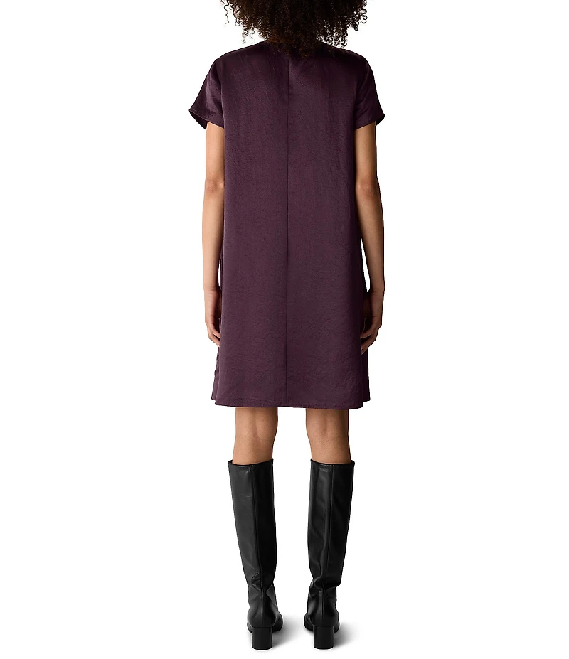 Eileen Fisher Crinkled Textured Satin Round Neck Short Sleeve Shift Dress