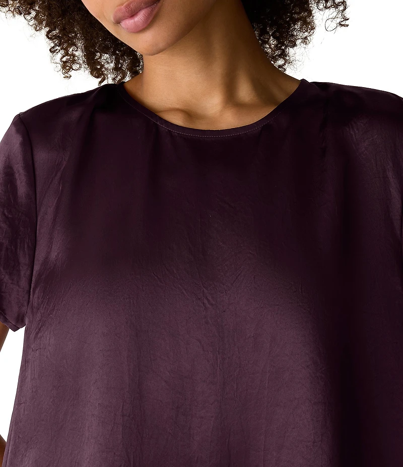 Eileen Fisher Crinkled Textured Satin Round Neck Short Sleeve Shift Dress