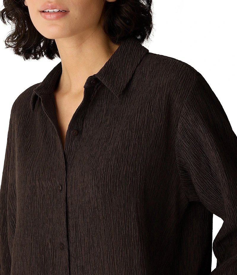 Eileen Fisher Crinkled Textured Woven Point Collar Long Sleeve Button-Front Coordinating Shirt