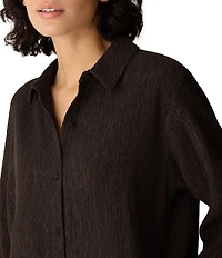 Eileen Fisher Crinkled Textured Woven Point Collar Long Sleeve Button-Front Coordinating Shirt