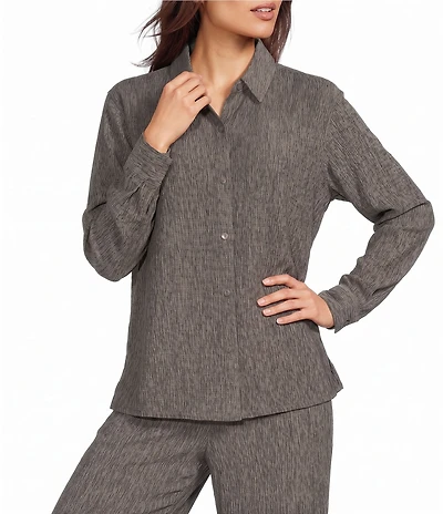 Eileen Fisher Crinkled Textured Woven Point Collar Long Sleeve Button-Front Coordinating Shirt