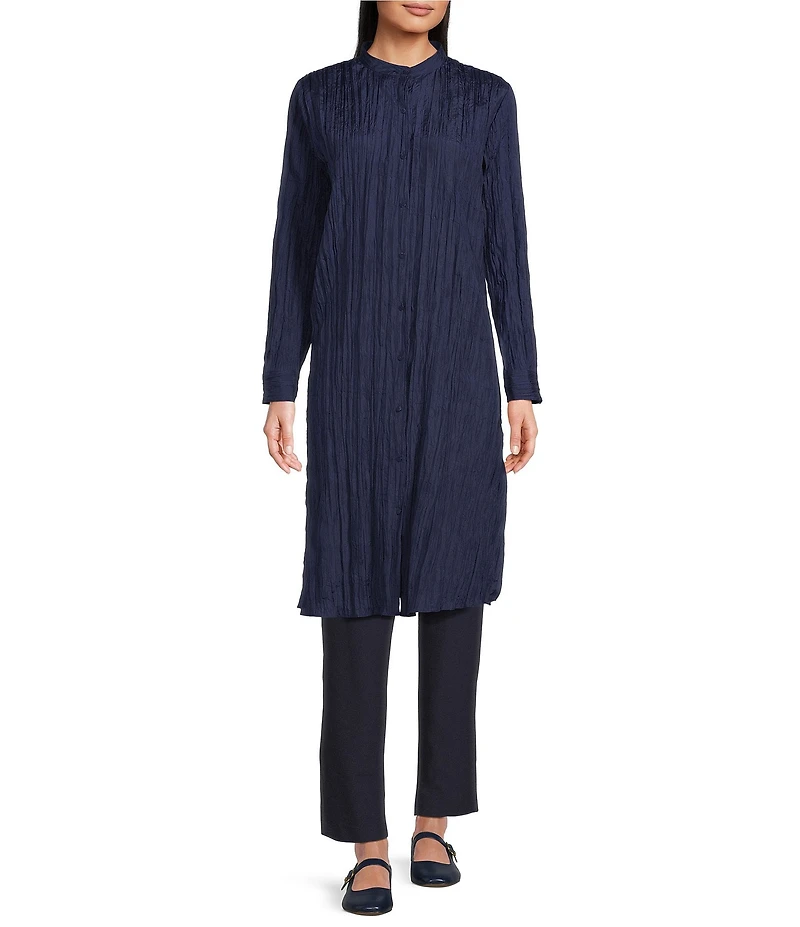 Eileen Fisher Crushed Silk Mandarin Collar Long Sleeve Top