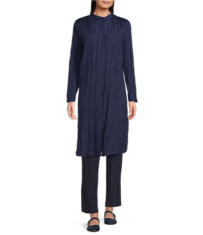 Eileen Fisher Crushed Silk Mandarin Collar Long Sleeve Top