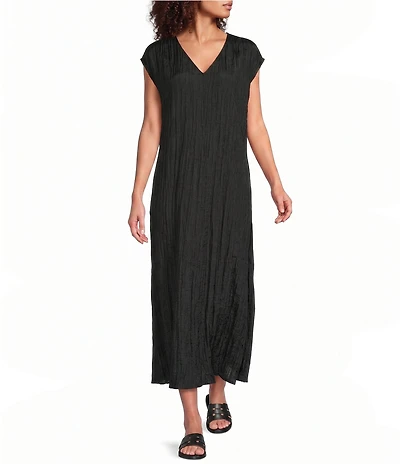 Eileen Fisher Crushed Silk V-Neck Cap Sleeve Dress