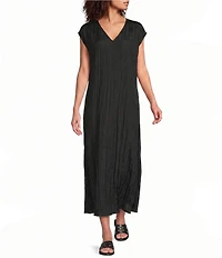 Eileen Fisher Crushed Silk V-Neck Cap Sleeve Dress