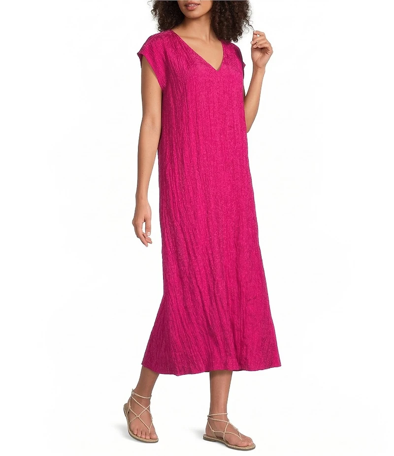 Eileen Fisher Crushed Silk V-Neck Cap Sleeve Dress