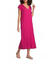 Eileen Fisher Crushed Silk V-Neck Cap Sleeve Dress