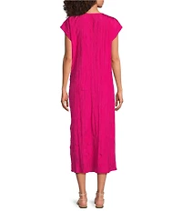 Eileen Fisher Crushed Silk V-Neck Cap Sleeve Dress